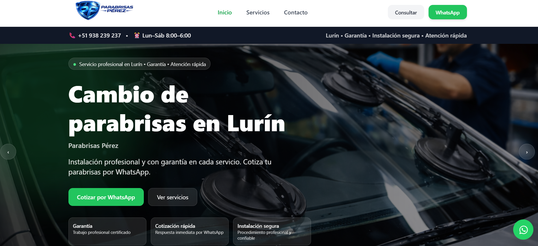 Vista previa del proyecto Parabrisas Pérez dentro de un mockup de monitor